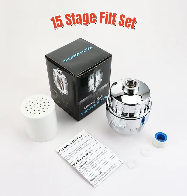 Filtro de ducha de alta salida con 15/20 etapas para agua dura, cartuchos reemplazables, suavizador de agua para eliminar cloro y fluoruro