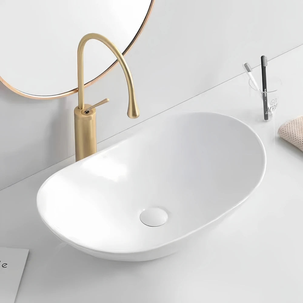 Lavabo de tocador de cerámica ovalado moderno, 16,3" x 9,8" - Lavabo de baño elegante con accesorios de drenaje (grifo no incluido)
