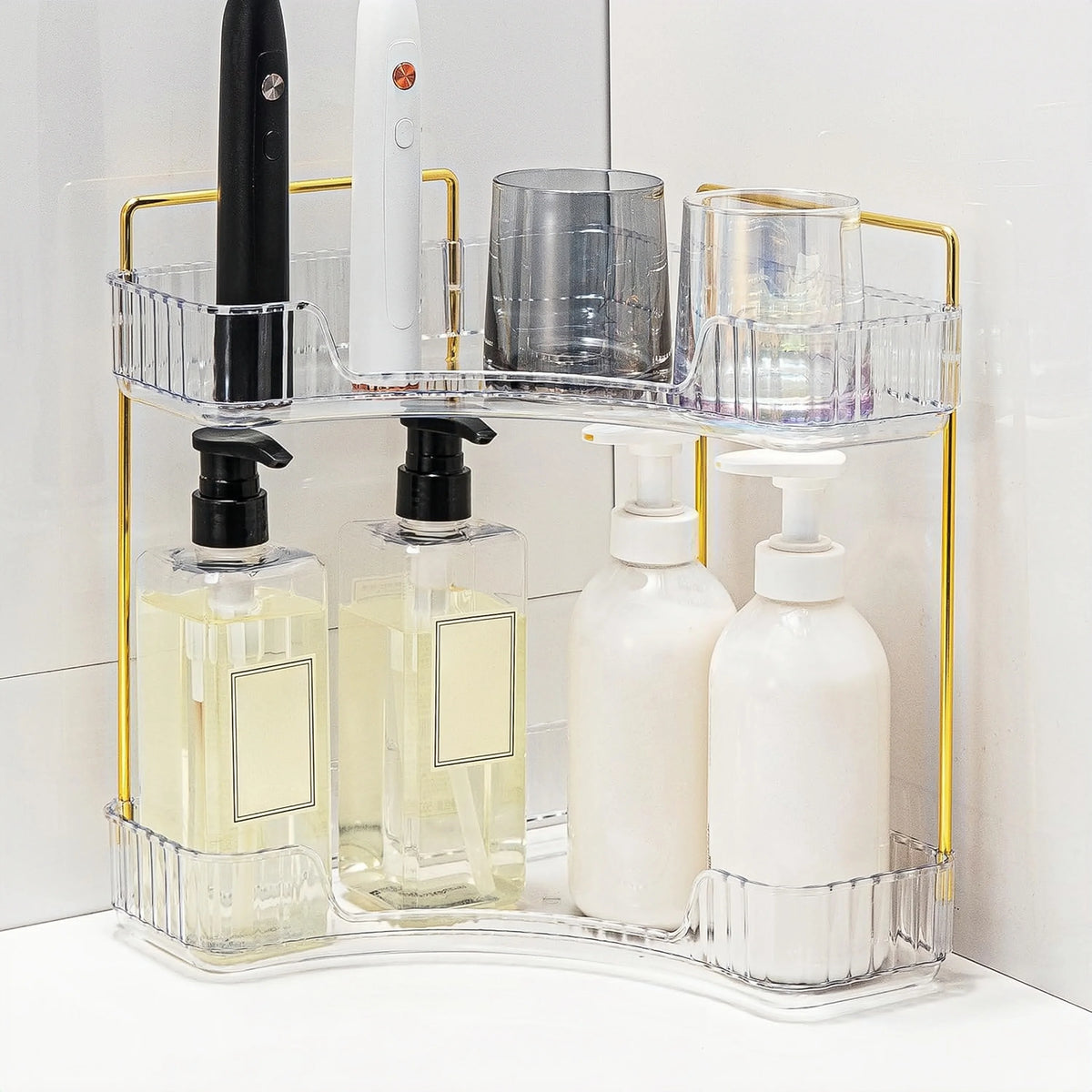 Estante esquinero de 1 pieza, de dos/tres niveles, organizador de escritorio para cosméticos, estante de almacenamiento multifuncional de plástico transparente para baño.