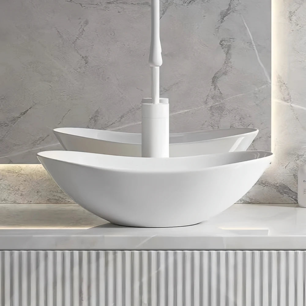 Lavabo de tocador de cerámica ovalado moderno, 16,3" x 9,8" - Lavabo de baño elegante con accesorios de drenaje (grifo no incluido)