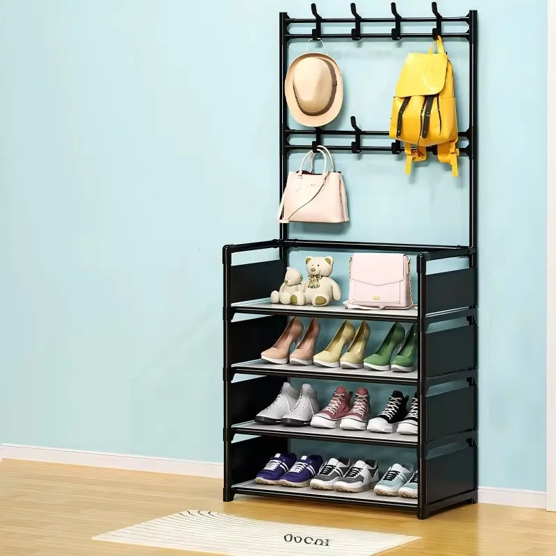Estante Metálico de Múltiples Niveles para Entrada con 8 Ganchos para Almacenamiento de Zapatos, Abrigos, Sombreros y Accesorios