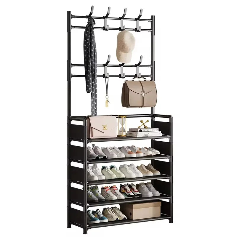 Estante Metálico de Múltiples Niveles para Entrada con 8 Ganchos para Almacenamiento de Zapatos, Abrigos, Sombreros y Accesorios