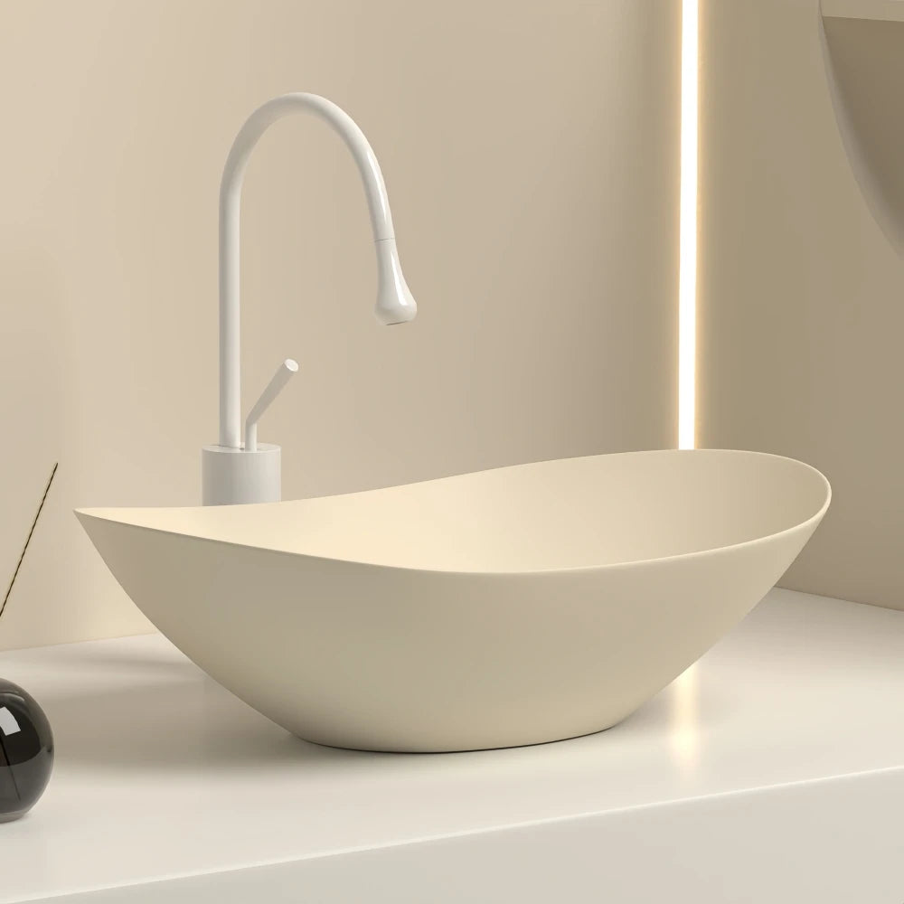 Lavabo de tocador de cerámica ovalado moderno, 16,3" x 9,8" - Lavabo de baño elegante con accesorios de drenaje (grifo no incluido)