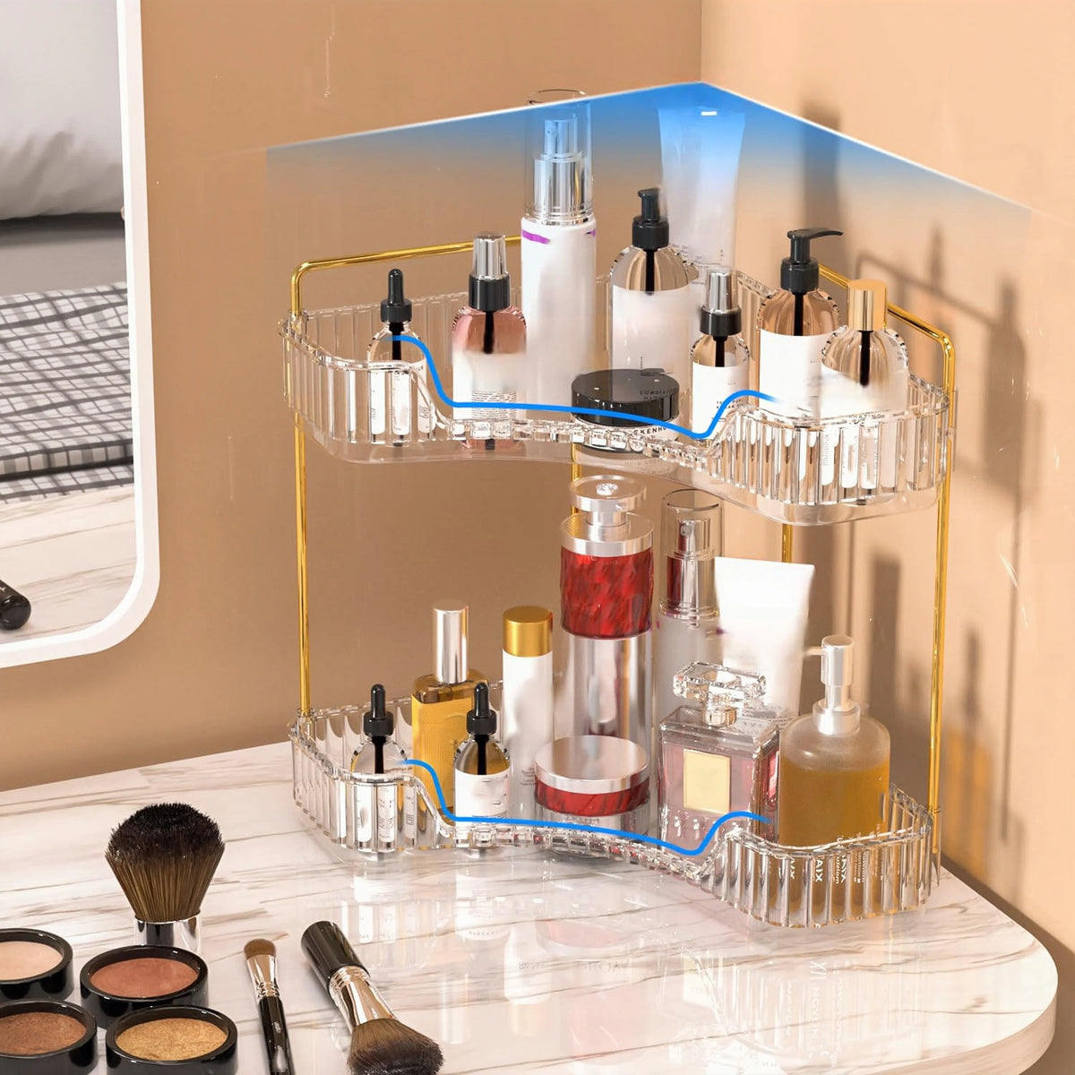 Estante esquinero de 1 pieza, de dos/tres niveles, organizador de escritorio para cosméticos, estante de almacenamiento multifuncional de plástico transparente para baño.