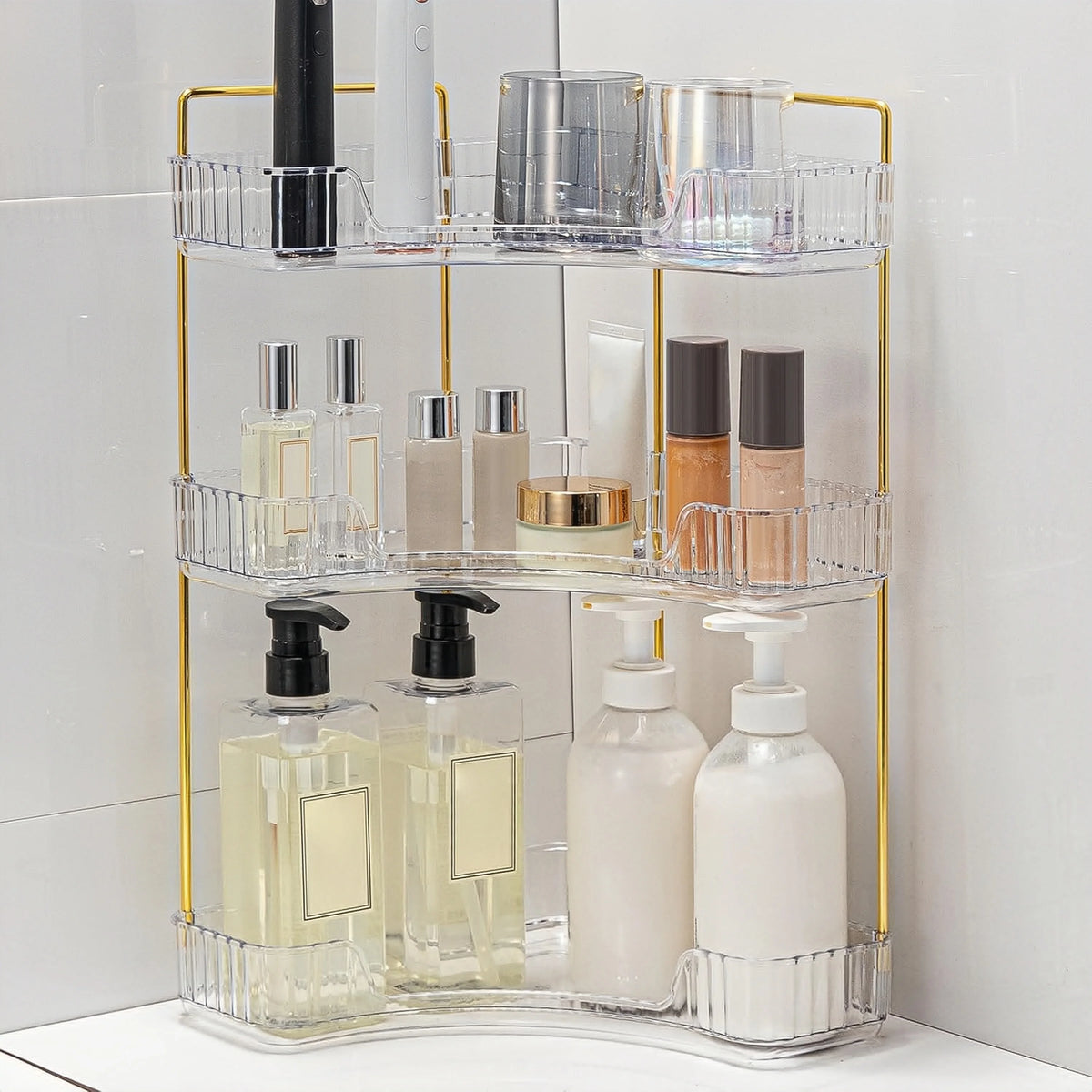 Estante esquinero de 1 pieza, de dos/tres niveles, organizador de escritorio para cosméticos, estante de almacenamiento multifuncional de plástico transparente para baño.