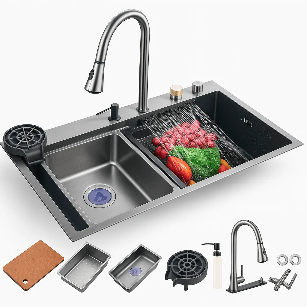 Fregadero Tarja Multifuncional Inteligente para Cocina de Acero Inoxidable Negro 75x45 cm con Mezcladora