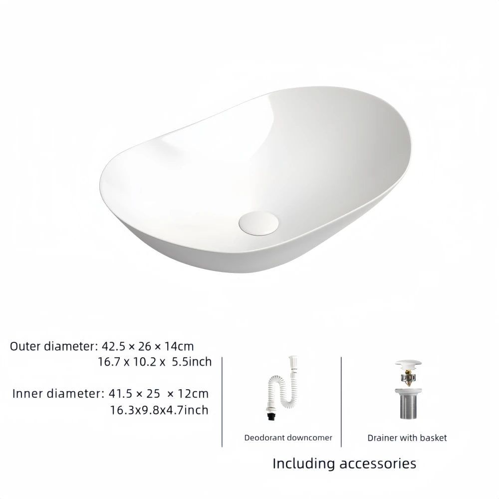 Lavabo de tocador de cerámica ovalado moderno, 16,3" x 9,8" - Lavabo de baño elegante con accesorios de drenaje (grifo no incluido)