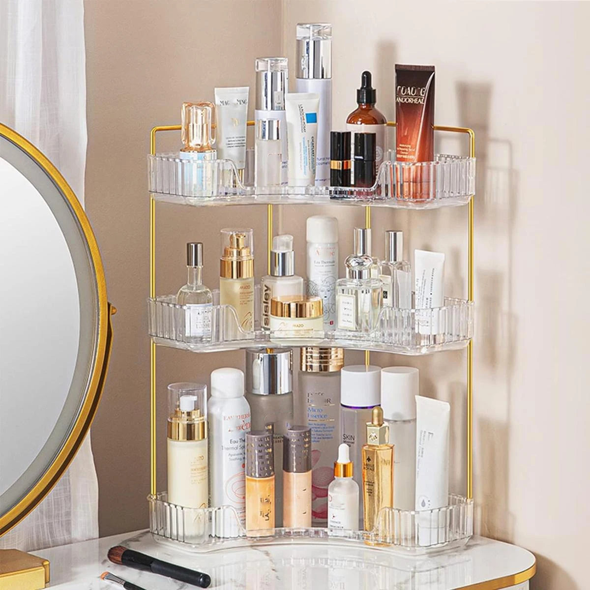 Organizador de esquina para baño, estante de encimera para maquillaje, bandeja para perfumes para almacenamiento en esquina