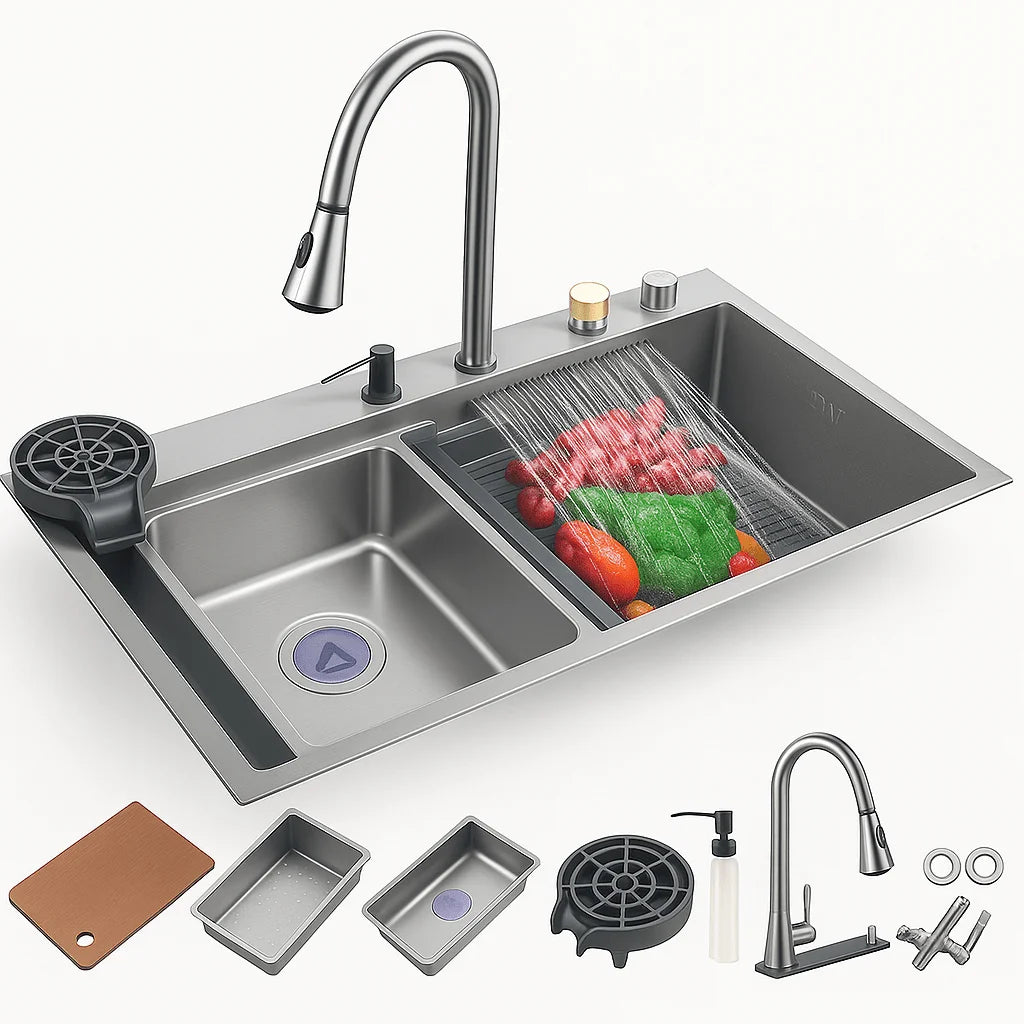 Fregadero Tarja Multifuncional Inteligente para Cocina de Acero Inoxidable Negro 75x45 cm con Mezcladora