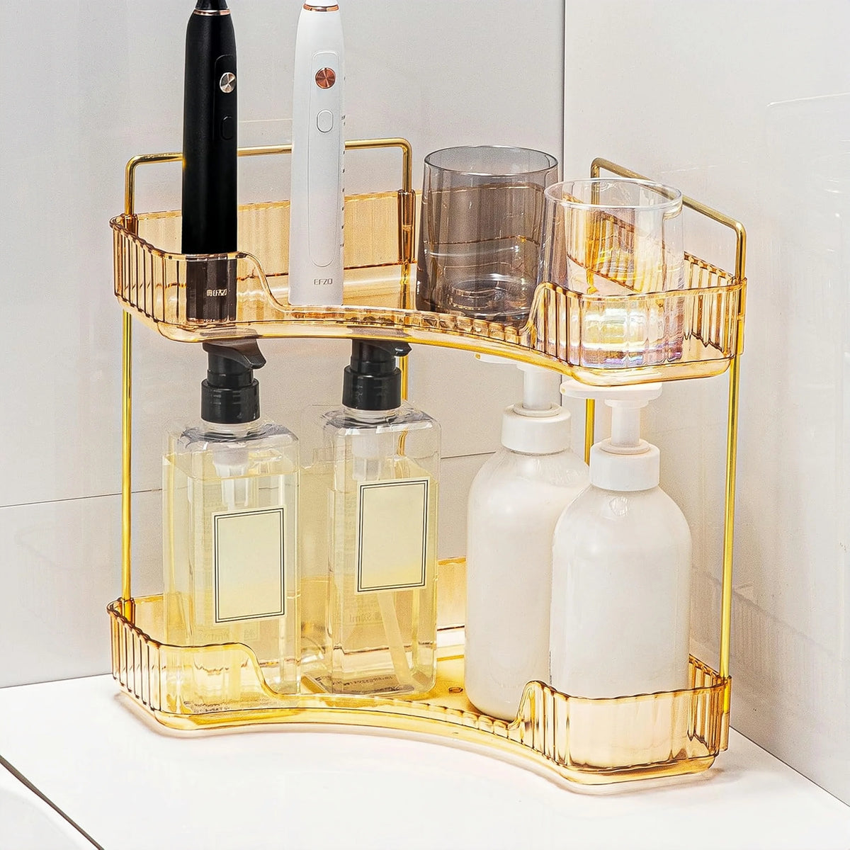 Estante esquinero de 1 pieza, de dos/tres niveles, organizador de escritorio para cosméticos, estante de almacenamiento multifuncional de plástico transparente para baño.