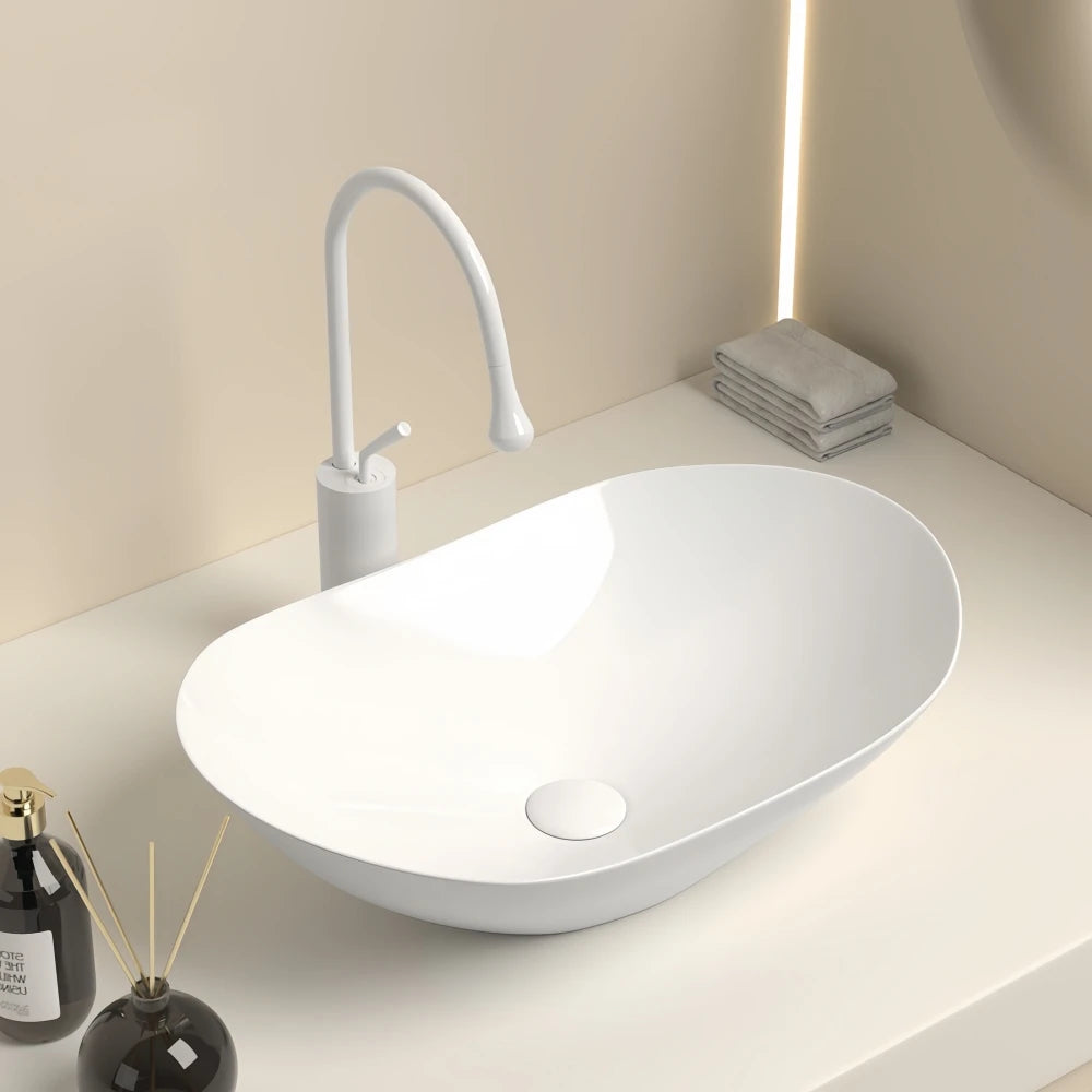 Lavabo de tocador de cerámica ovalado moderno, 16,3" x 9,8" - Lavabo de baño elegante con accesorios de drenaje (grifo no incluido)