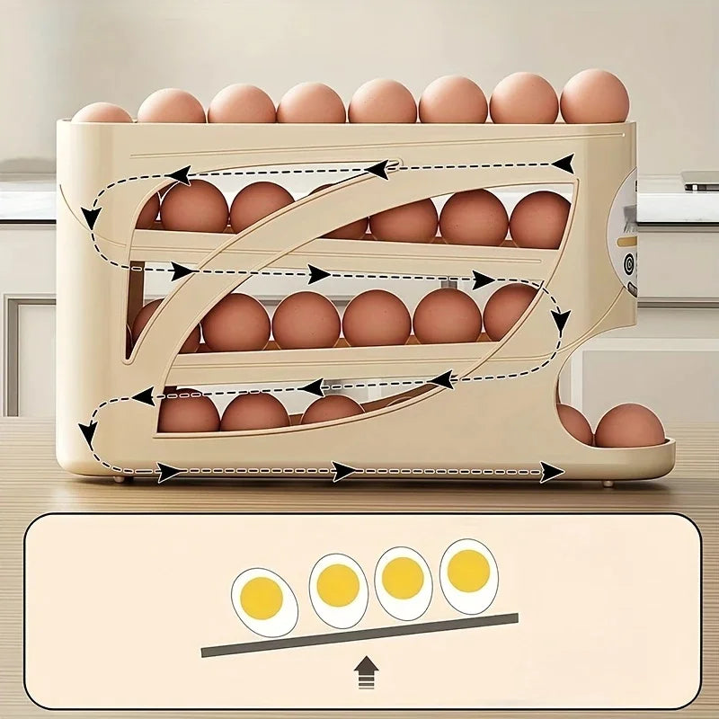 Contenedor Rodante de 3 Niveles para Huevos en el Refrigerador - Guarda 24 Huevos, Organizador de Gran Capacidad para Cocina y Refrigerador