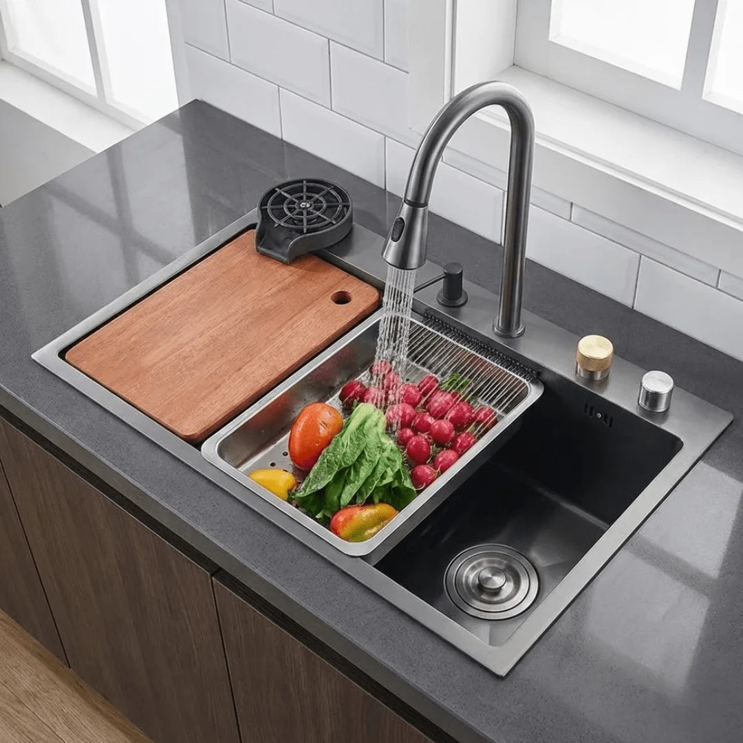 Fregadero Tarja Multifuncional Inteligente para Cocina de Acero Inoxidable Negro 75x45 cm con Mezcladora