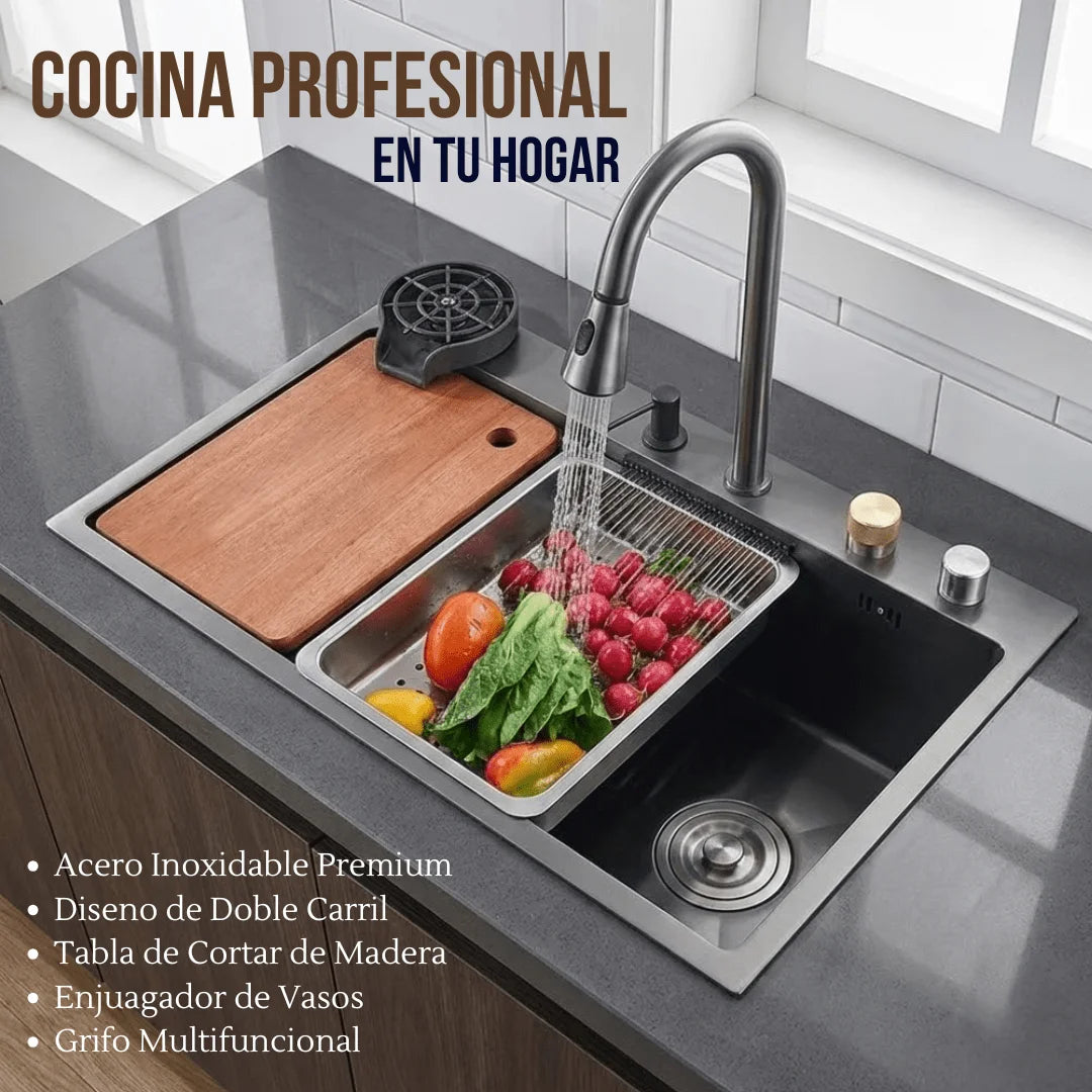 Fregadero Tarja Multifuncional Inteligente para Cocina de Acero Inoxidable Negro 75x45 cm con Mezcladora