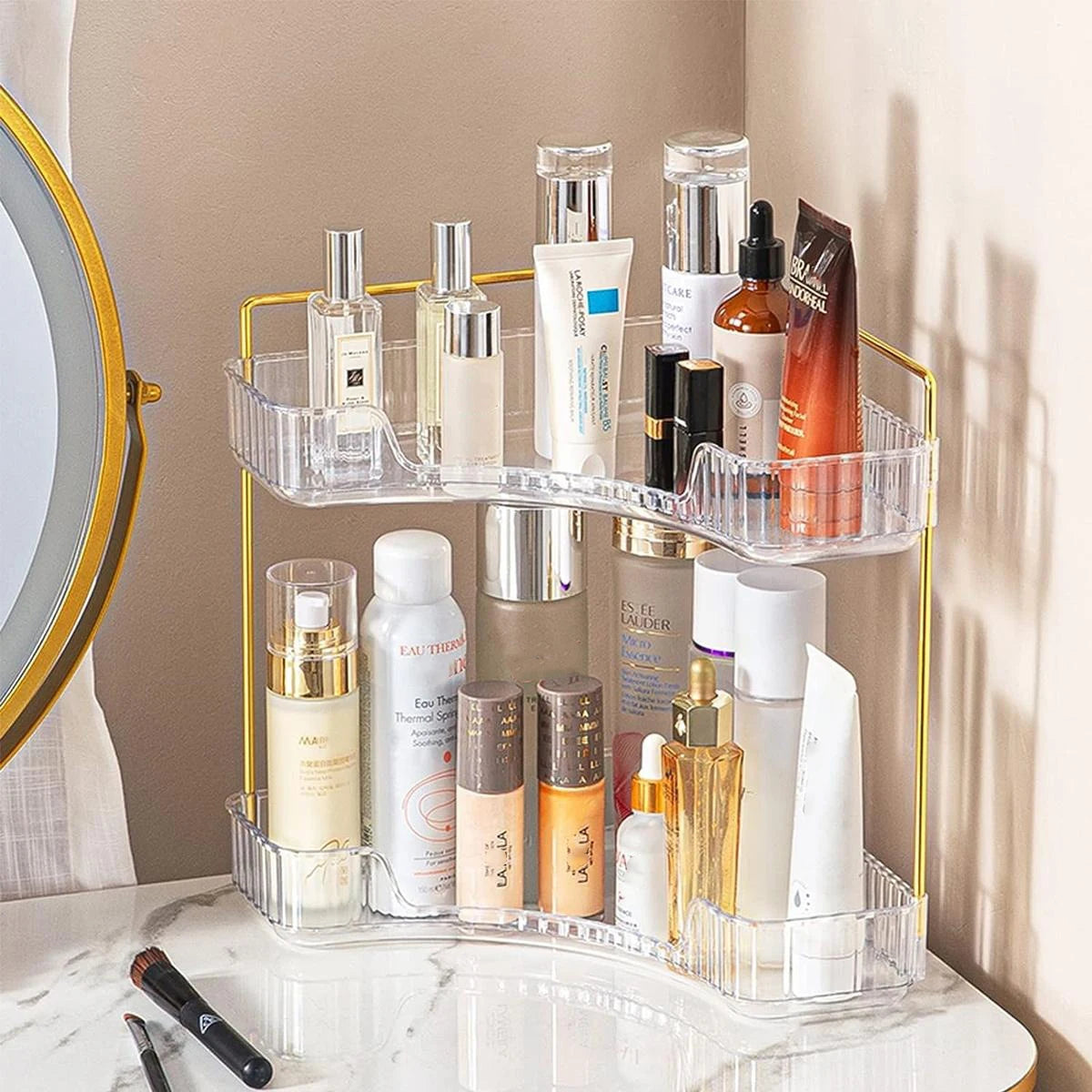 Organizador de esquina para baño, estante de encimera para maquillaje, bandeja para perfumes para almacenamiento en esquina