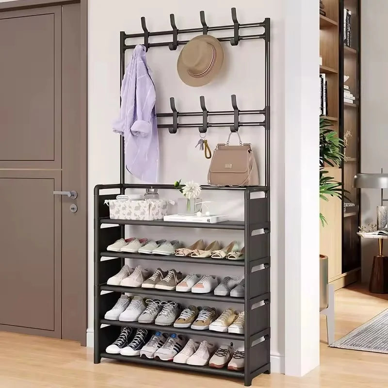 Estante Metálico de Múltiples Niveles para Entrada con 8 Ganchos para Almacenamiento de Zapatos, Abrigos, Sombreros y Accesorios