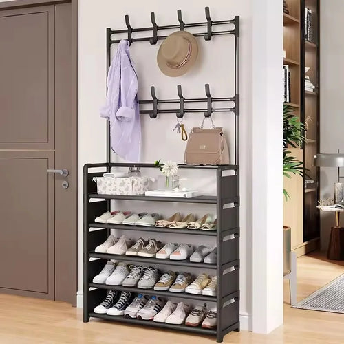 Estante Metálico de Múltiples Niveles para Entrada con 8 Ganchos para Almacenamiento de Zapatos, Abrigos, Sombreros y Accesorios