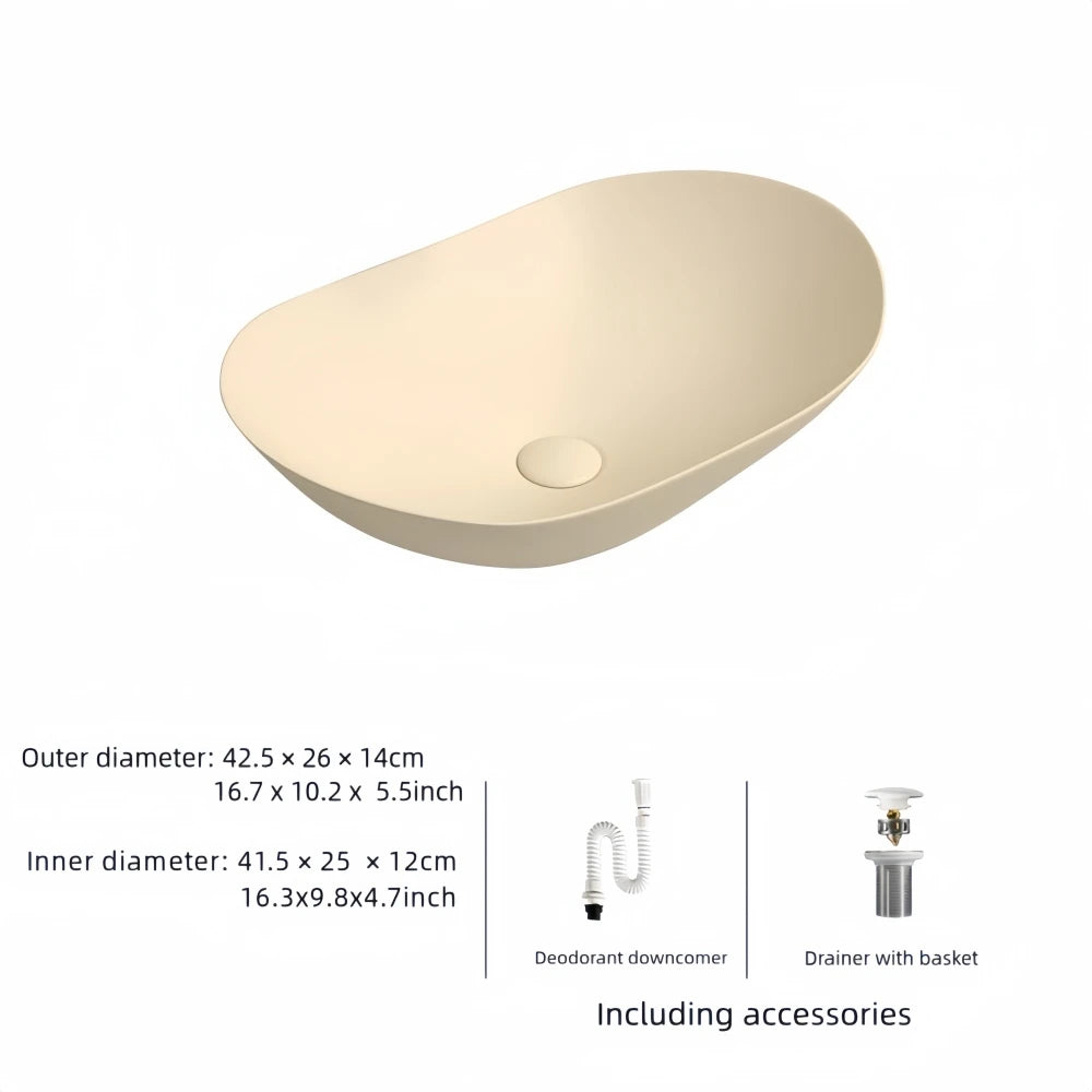 Lavabo de tocador de cerámica ovalado moderno, 16,3" x 9,8" - Lavabo de baño elegante con accesorios de drenaje (grifo no incluido)