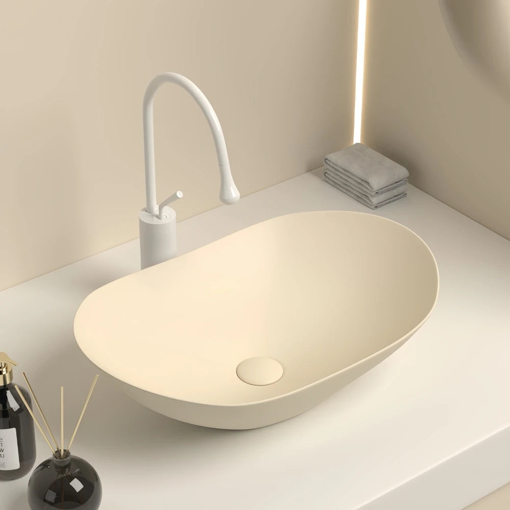 Lavabo de tocador de cerámica ovalado moderno, 16,3" x 9,8" - Lavabo de baño elegante con accesorios de drenaje (grifo no incluido)